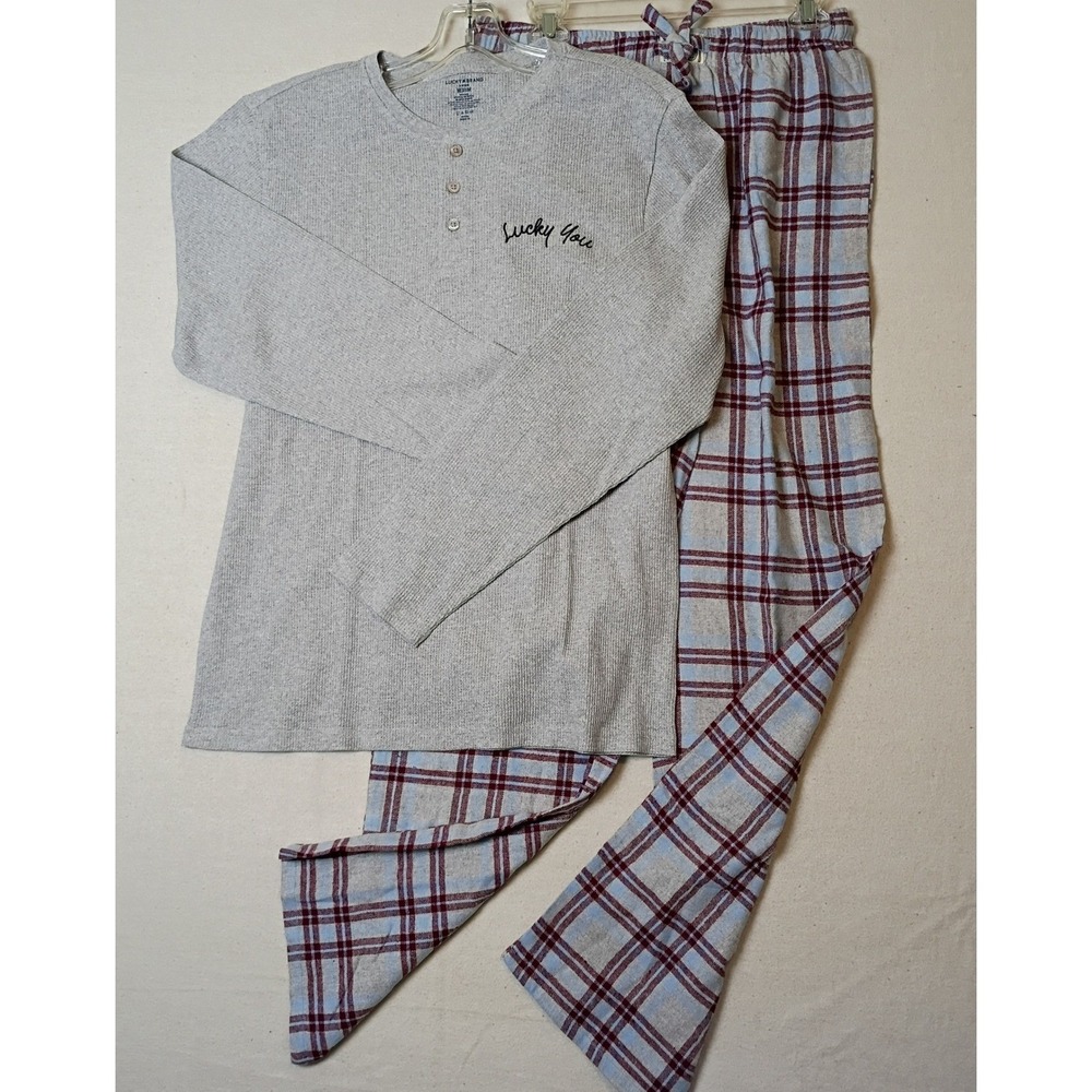 Lucky Brand Mens Pajama Set Medium Grey Waffle Henley Red Blue Plaid Pants